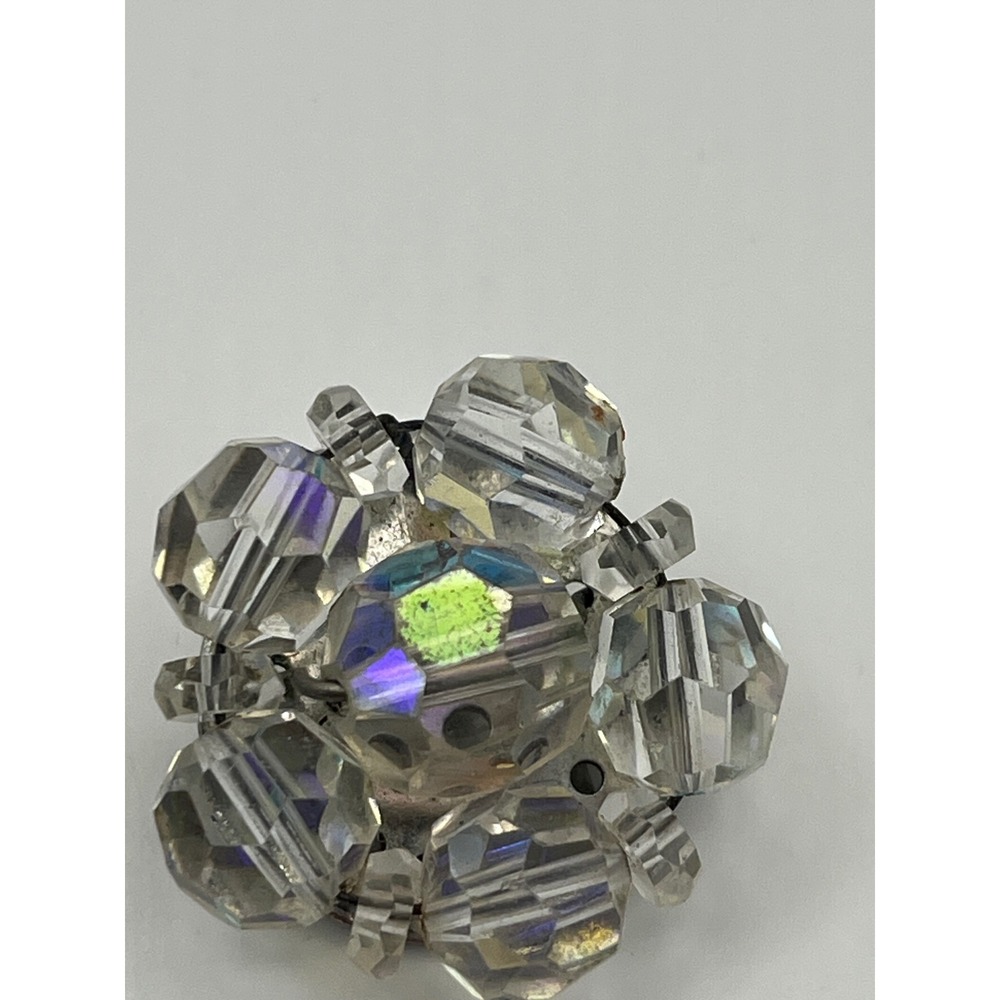 Vintage Aurora Borealis Crystal Cluster Clip On Earrings Iridescent Silver Tone - Picture 11 of 11